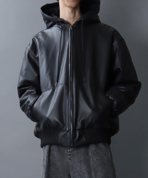 Synthetic Leather Zip Hoodie/フェイクレザー オーバーサイズ