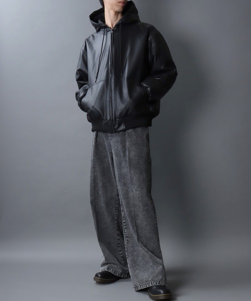 SITRY(シトリー)の「Synthetic Leather Zip Hoodie/フェイクレザー オーバーサイズ ブルゾン ジップパーカー フーディー(ブルゾン・メンズ・ブラック・L/LL/M)」の20枚目の写真