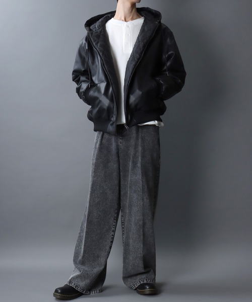 SITRY(シトリー)の「Synthetic Leather Zip Hoodie/フェイクレザー オーバーサイズ ブルゾン ジップパーカー フーディー(ブルゾン・メンズ・ブラック・L/LL/M)」の16枚目の写真