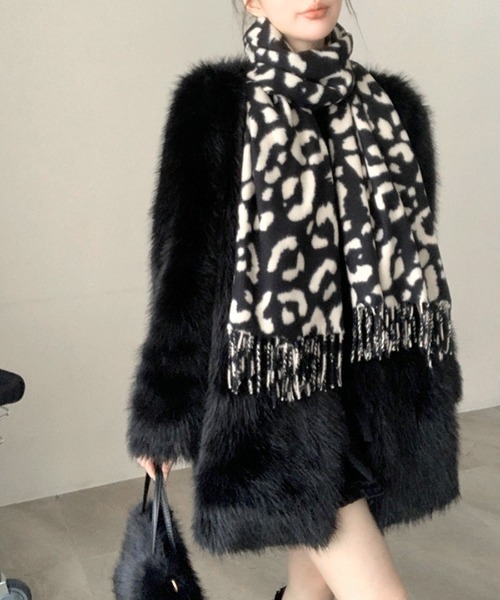 セール】レオパード柄フリンジショール マフラー（ストール/ショール