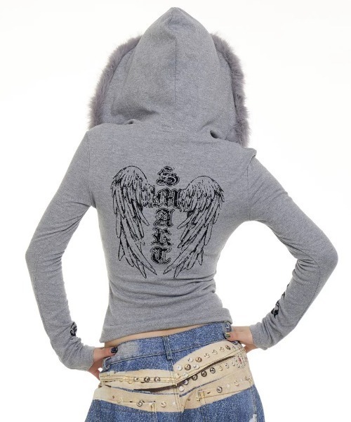 セール】Y2K裏起毛エンジェルプリントフェイクファーフーディトップス