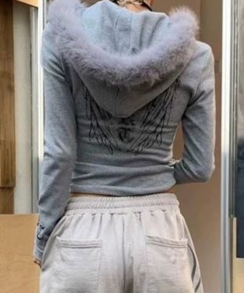 BURBERRY♡Y2K ファー フーディジップアップパーカー グレー チェック セール】Y2K裏起毛エンジェルプリントフェイクファーフーディトップス