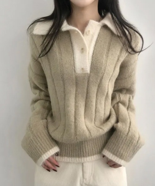 VIVID LADY（ビビッドレディー）の「モヘアタッチ ルーズフィット ポロシャツ風ニット（ニット/セーター・レディース・ベージュ/ネイビー・FREE）」の2枚目の写真