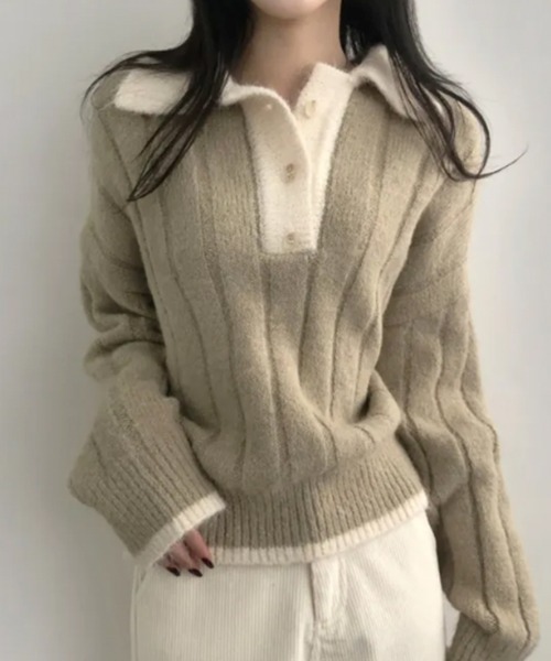 VIVID LADY（ビビッドレディー）の「モヘアタッチ ルーズフィット ポロシャツ風ニット（ニット/セーター・レディース・ベージュ/ネイビー・FREE）」の10枚目の写真