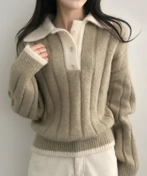 VIVID LADY（ビビッドレディー）の「モヘアタッチ ルーズフィット ポロシャツ風ニット（ニット/セーター・レディース・ベージュ/ネイビー・FREE）」の11枚目の写真