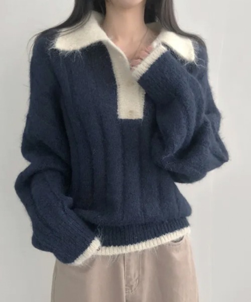 VIVID LADY（ビビッドレディー）の「モヘアタッチ ルーズフィット ポロシャツ風ニット（ニット/セーター・レディース・ベージュ/ネイビー・FREE）」の13枚目の写真