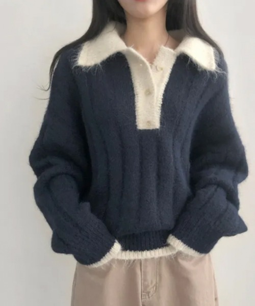 VIVID LADY（ビビッドレディー）の「モヘアタッチ ルーズフィット ポロシャツ風ニット（ニット/セーター・レディース・ベージュ/ネイビー・FREE）」の14枚目の写真