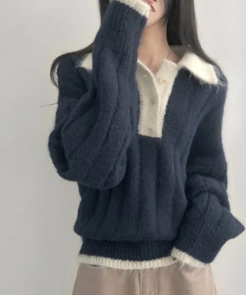 VIVID LADY（ビビッドレディー）の「モヘアタッチ ルーズフィット ポロシャツ風ニット（ニット/セーター・レディース・ベージュ/ネイビー・FREE）」の15枚目の写真