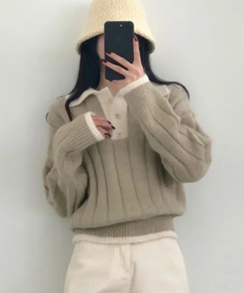 VIVID LADY（ビビッドレディー）の「モヘアタッチ ルーズフィット ポロシャツ風ニット（ニット/セーター・レディース・ベージュ/ネイビー・FREE）」の20枚目の写真