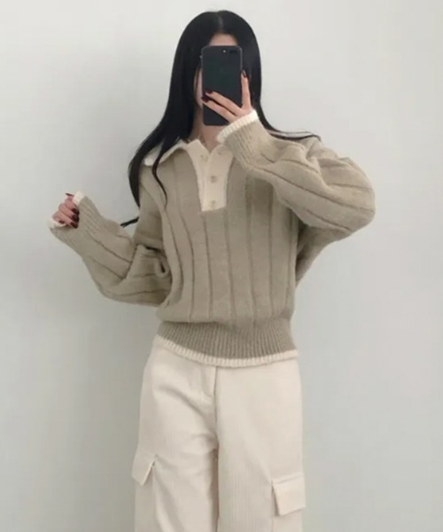 VIVID LADY（ビビッドレディー）の「モヘアタッチ ルーズフィット ポロシャツ風ニット（ニット/セーター・レディース・ベージュ/ネイビー・FREE）」の21枚目の写真