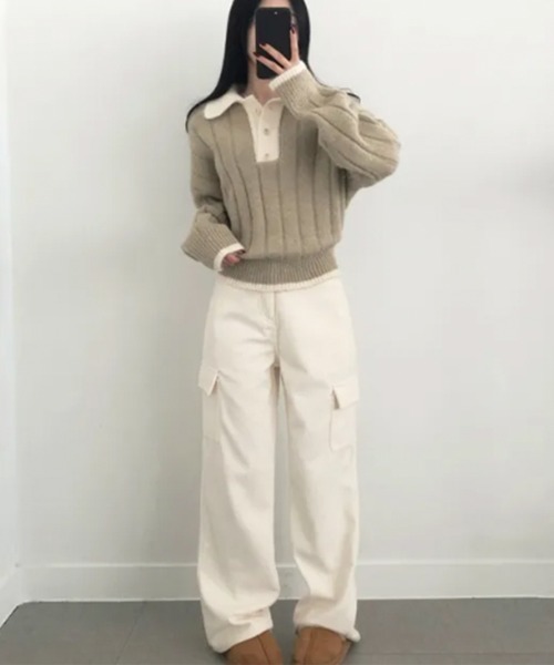 VIVID LADY（ビビッドレディー）の「モヘアタッチ ルーズフィット ポロシャツ風ニット（ニット/セーター・レディース・ベージュ/ネイビー・FREE）」の22枚目の写真