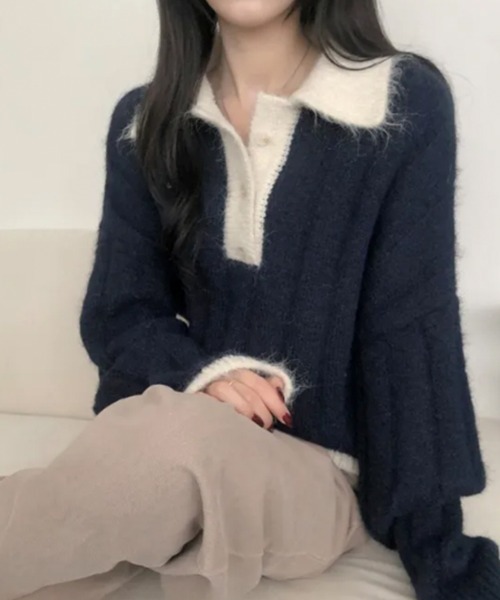 VIVID LADY（ビビッドレディー）の「モヘアタッチ ルーズフィット ポロシャツ風ニット（ニット/セーター・レディース・ベージュ/ネイビー・FREE）」の3枚目の写真