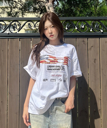 ヴィンテージフラッグ ESCFロゴコラージュプリントオーバーサイズ半袖Tシャツホワイト
