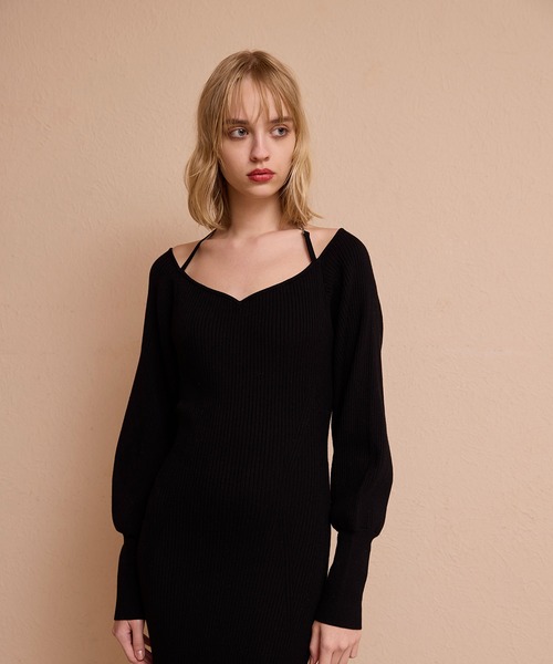 エイミーイストワール　両Vリブニットワンピース　ブラック　タイト　美ライン セール】フロントロゴリブニットワンピース（ワンピース）｜EIMY