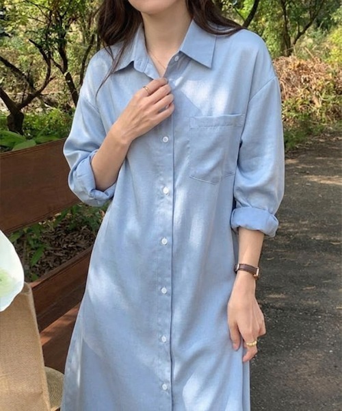 SallyLunn(サリーラン)の「デニムライクとろみシャツワンピ-ス(シャツ/ブラウス・レディース・ネイビー/ライトブルー・LARGE/MEDIUM)」の3枚目の写真