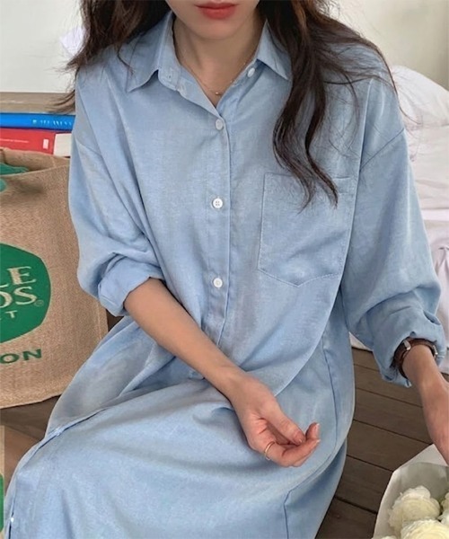 SallyLunn(サリーラン)の「デニムライクとろみシャツワンピ-ス(シャツ/ブラウス・レディース・ネイビー/ライトブルー・LARGE/MEDIUM)」の5枚目の写真