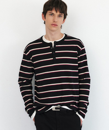 WINDER（ワインダー）の「STRIPED COTTON HENLEY NECK TOP - BLACK（Tシャツ/カットソー）」