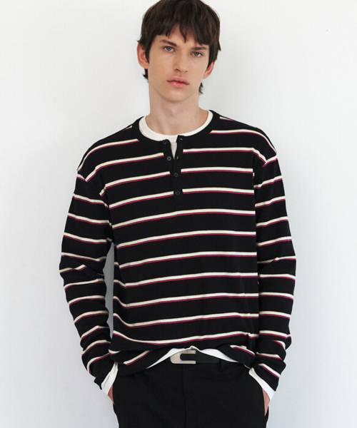 WINDER(ワインダー)の「STRIPED COTTON HENLEY NECK TOP - BLACK(Tシャツ/カットソー・メンズ・その他・MEDIUM/LARGE)」の1枚目の写真