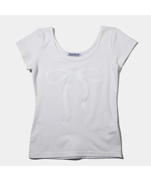 PLACE STUDIO(プレイススタジオ)の「ピュアグリッターリボングラフィックショートスリーブUネック半袖Tシャツ(Tシャツ/カットソー・レディース・ホワイト/ブラック/グレー・FREE)」の2枚目の写真