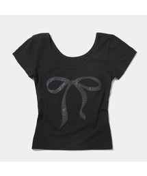 PLACE STUDIO | ピュアグリッターリボングラフィックショートスリーブUネック半袖Tシャツ(Tシャツ/カットソー)