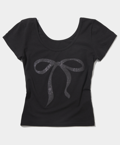 PLACE STUDIO(プレイススタジオ)の「ピュアグリッターリボングラフィックショートスリーブUネック半袖Tシャツ(Tシャツ/カットソー・レディース・ホワイト/ブラック/グレー・FREE)」の4枚目の写真