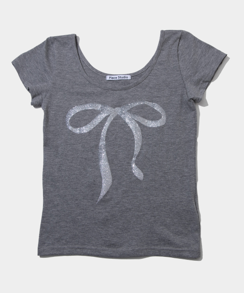 PLACE STUDIO(プレイススタジオ)の「ピュアグリッターリボングラフィックショートスリーブUネック半袖Tシャツ(Tシャツ/カットソー・レディース・ホワイト/ブラック/グレー・FREE)」の6枚目の写真