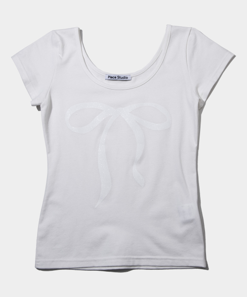 PLACE STUDIO(プレイススタジオ)の「ピュアグリッターリボングラフィックショートスリーブUネック半袖Tシャツ(Tシャツ/カットソー・レディース・ホワイト/ブラック/グレー・FREE)」の7枚目の写真