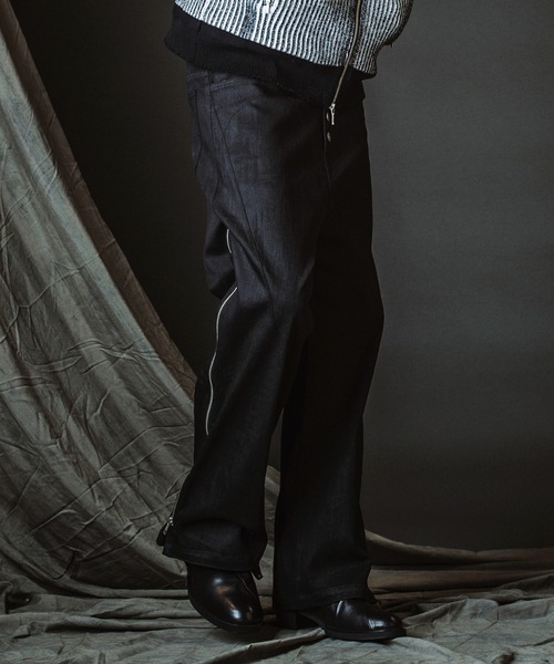 【NO ID.】Coating Side Zip Flare Pants / コーティング サイド ジップ フレア パンツ
