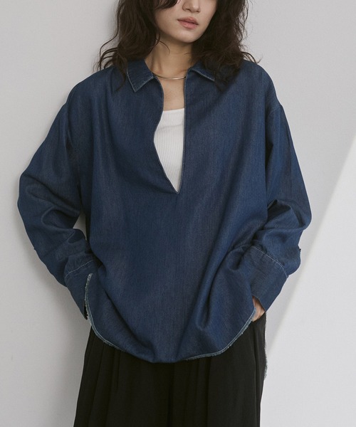 hunch（ハンチ）の「ブロード/テンセルデニム スキッパーシャツ（シャツ/ブラウス・レディース・ライトインディゴブルー/オフホワイト/インディゴブルー/チャコール・FREE）」の4枚目の写真
