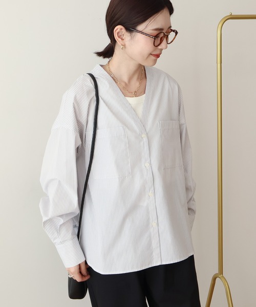 AMERICAN HOLIC(アメリカンホリック)の「【イージーケア】ストライプVネックシャツ(シャツ/ブラウス・レディース・イエロー/サックスブルー/オフホワイト・M/L)」の6枚目の写真