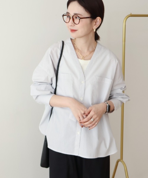 AMERICAN HOLIC(アメリカンホリック)の「【イージーケア】ストライプVネックシャツ(シャツ/ブラウス・レディース・イエロー/サックスブルー/オフホワイト・M/L)」の9枚目の写真