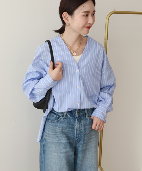 AMERICAN HOLIC(アメリカンホリック)の「【イージーケア】ストライプVネックシャツ(シャツ/ブラウス・レディース・イエロー/サックスブルー/オフホワイト・M/L)」の10枚目の写真