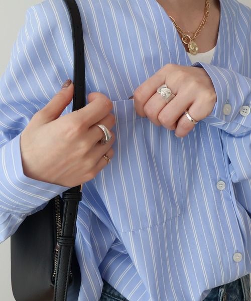 AMERICAN HOLIC(アメリカンホリック)の「【イージーケア】ストライプVネックシャツ(シャツ/ブラウス・レディース・イエロー/サックスブルー/オフホワイト・M/L)」の18枚目の写真