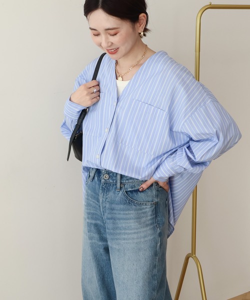 AMERICAN HOLIC(アメリカンホリック)の「【イージーケア】ストライプVネックシャツ(シャツ/ブラウス・レディース・イエロー/サックスブルー/オフホワイト・M/L)」の14枚目の写真