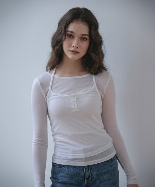 VEM.VER(ベンバー)の「ボタンポイントビスチェレイヤードTシャツ_ホワイト(Tシャツ/カットソー・レディース・ホワイト・FREE)」の1枚目の写真