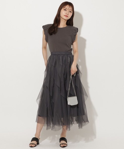 AND COUTURE(アンドクチュール)の「ラッフルフリルチュールスカート(スカート・レディース・ホワイト/サックスブルー/ブラック/ピンクベージュ/モカ/チャコールグレー・FREE)」の3枚目の写真