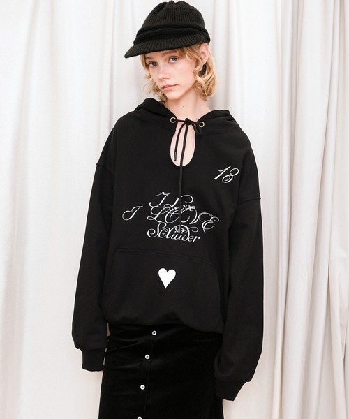 ハート刺繍 黒 パーカー RC.THREEPAPER】ハート刺繍 レタリングプリント オーバーサイズ