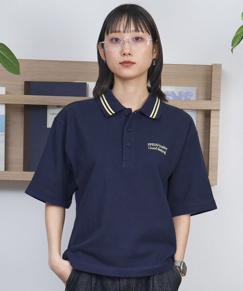今季新作　ファイア刺繍ポロシャツ　ブラック　M FFEIN（フェイン）】配色ラインワンポイント刺繍ポロシャツ
