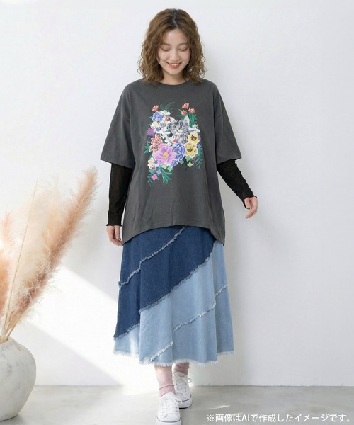 ScoLar（スカラー）の「161649：ソフトチュール×花ネコ柄 レイヤード風プルオーバー（Tシャツ/カットソー・レディース・ブルー/チャコールグレー/オフホワイト・M）」の11枚目の写真