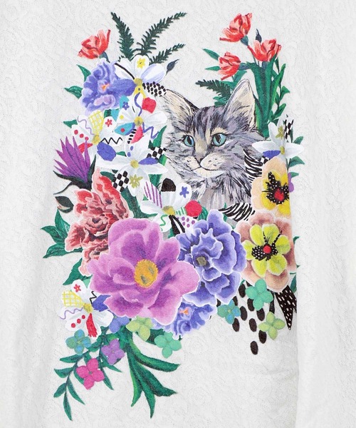 ScoLar（スカラー）の「161649：ソフトチュール×花ネコ柄 レイヤード風プルオーバー（Tシャツ/カットソー・レディース・ブルー/チャコールグレー/オフホワイト・M）」の12枚目の写真