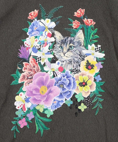 ScoLar（スカラー）の「161649：ソフトチュール×花ネコ柄 レイヤード風プルオーバー（Tシャツ/カットソー・レディース・ブルー/チャコールグレー/オフホワイト・M）」の4枚目の写真