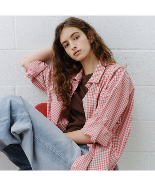 URAGO(ユラーゴ)の「Spring roll-up check shirt(シャツ/ブラウス・レディース・レッド/スカイブルー/ベージュ・FREE)」の1枚目の写真