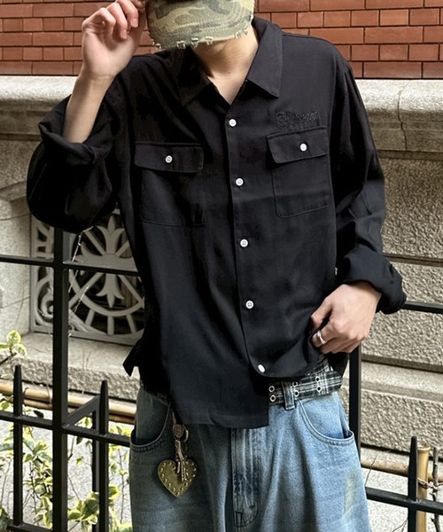 セール】OPEN COLLAR POCKET DESIGN RAYON SHIRT／開襟ポケット