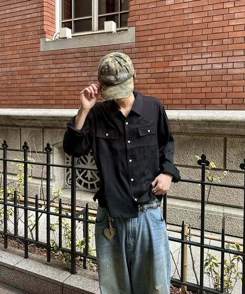 セール】OPEN COLLAR POCKET DESIGN RAYON SHIRT／開襟ポケット