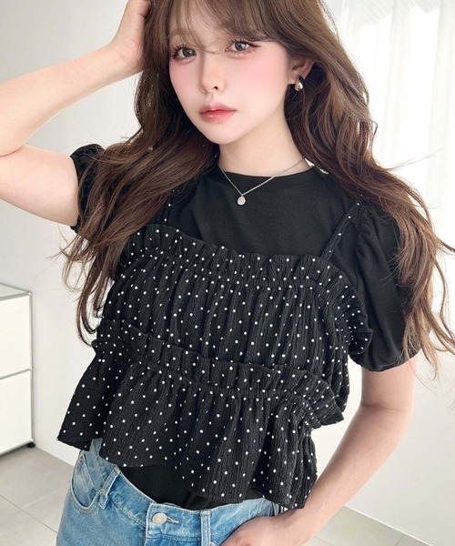 moment+（モーメントプラス）の「ドットプリントビスチェセットパフスリーブリブカットソートップス（Tシャツ/カットソー・レディース・ネイビー/イエロー/アイボリー/ブラック/杢グレー・M/L）」の19枚目の写真