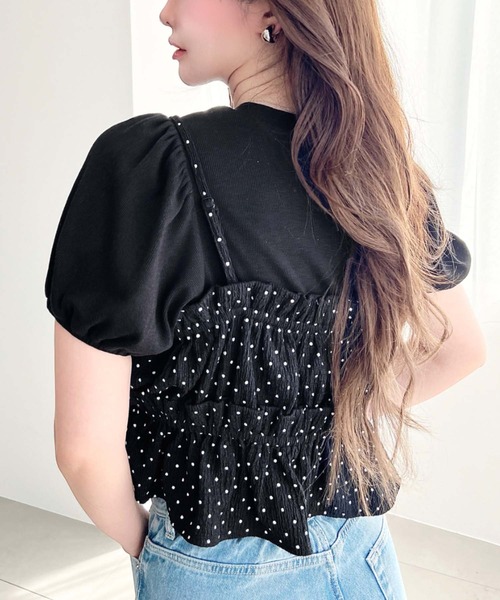 moment+（モーメントプラス）の「ドットプリントビスチェセットパフスリーブリブカットソートップス（Tシャツ/カットソー・レディース・ネイビー/イエロー/アイボリー/ブラック/杢グレー・M/L）」の22枚目の写真