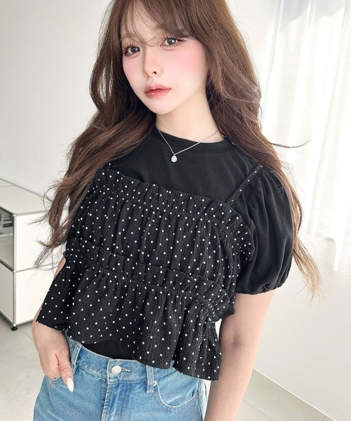 moment+（モーメントプラス）の「ドットプリントビスチェセットパフスリーブリブカットソートップス（Tシャツ/カットソー・レディース・ネイビー/イエロー/アイボリー/ブラック/杢グレー・M/L）」の21枚目の写真