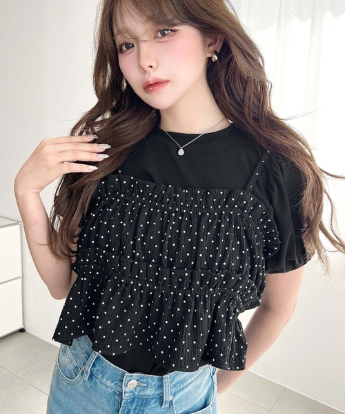 moment+（モーメントプラス）の「ドットプリントビスチェセットパフスリーブリブカットソートップス（Tシャツ/カットソー・レディース・ネイビー/イエロー/アイボリー/ブラック/杢グレー・M/L）」の20枚目の写真