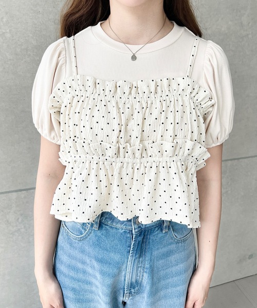 moment+（モーメントプラス）の「ドットプリントビスチェセットパフスリーブリブカットソートップス（Tシャツ/カットソー・レディース・ネイビー/イエロー/アイボリー/ブラック/杢グレー・M/L）」の10枚目の写真