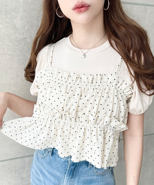 moment+（モーメントプラス）の「ドットプリントビスチェセットパフスリーブリブカットソートップス（Tシャツ/カットソー・レディース・ネイビー/イエロー/アイボリー/ブラック/杢グレー・M/L）」の7枚目の写真